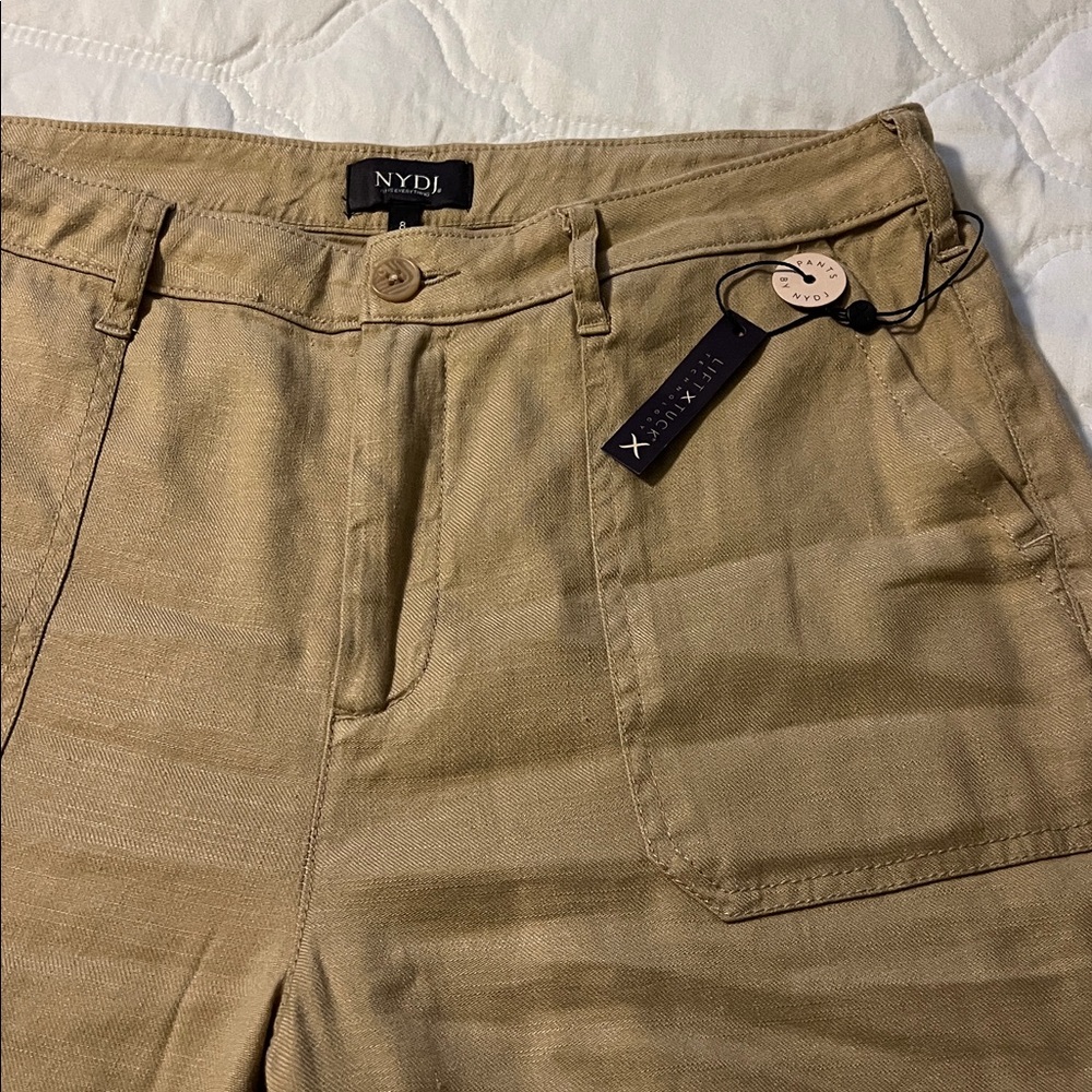 NYDJ Wide Leg High Waist Cropped Pants Linen Blend Saddlewood Tan Size 8